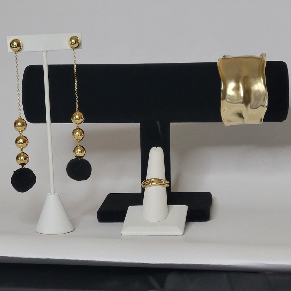 Elizabeth and James Leigh Cuff Gold Bracelet, White Topaz Ring, Dangle Earrings